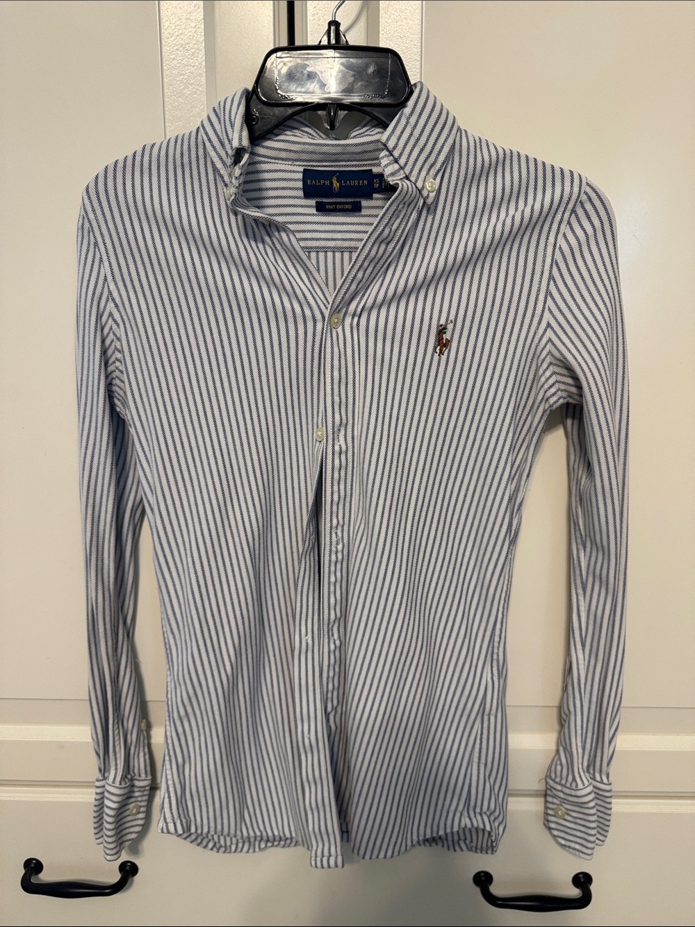 Ralph Lauren women’s Knit Oxford classic white and blue stripe Button-Down Shirt